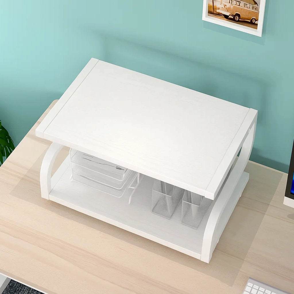 Deluxe Rustic Oak Desktop Shelf Wood & Steel Printer Stand Storage Rack Organizer (White)