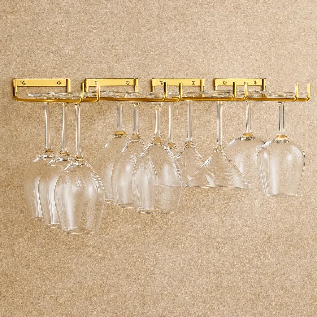 2 x Wine Glass Hanger Rack Under Cabinet Kitchen Bar Stemware Metal Storage Organizer (Gold)