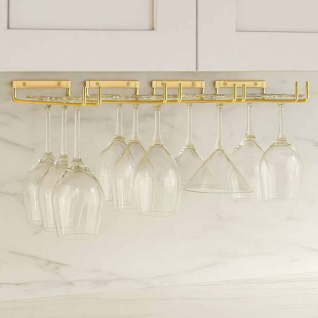 2 x Wine Glass Hanger Rack Under Cabinet Kitchen Bar Stemware Metal Storage Organizer (Gold)