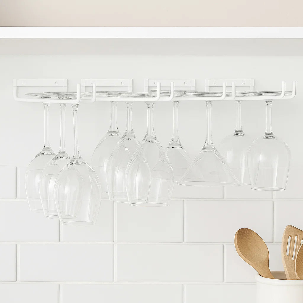 2 x Wine Glass Hanger Rack Under Cabinet Kitchen Bar Stemware Metal Storage Organiser (White)