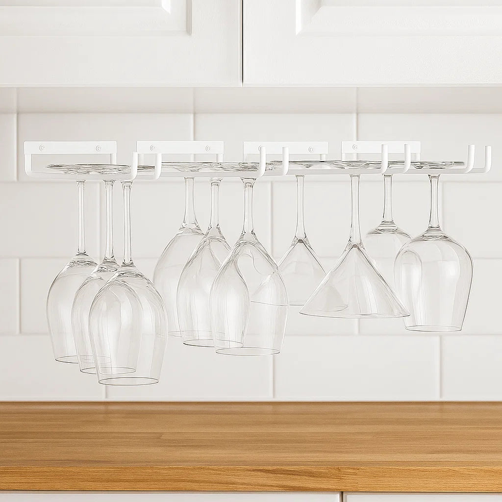 2 x Wine Glass Hanger Rack Under Cabinet Kitchen Bar Stemware Metal Storage Organiser (White)