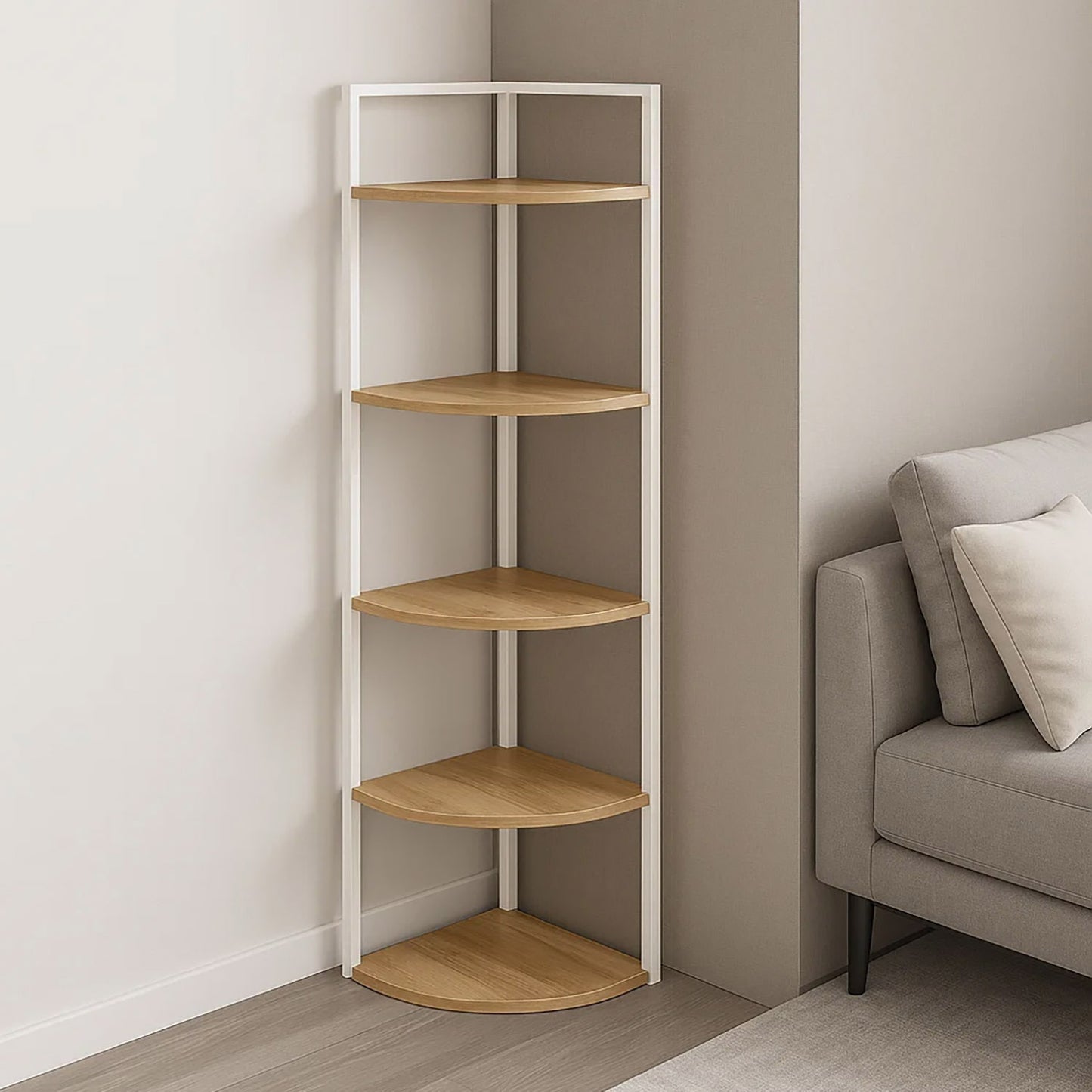 Optima 5 Tier Wood & Steel Corner Shelf Organizer Unit (Rustic Oak & White)