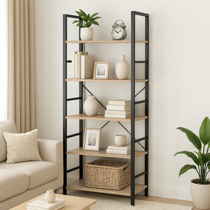 5 Tier Multifunction Heavy Duty Bookcase Wood & Steel Storage Shelf Organizer (Coastal Oak)