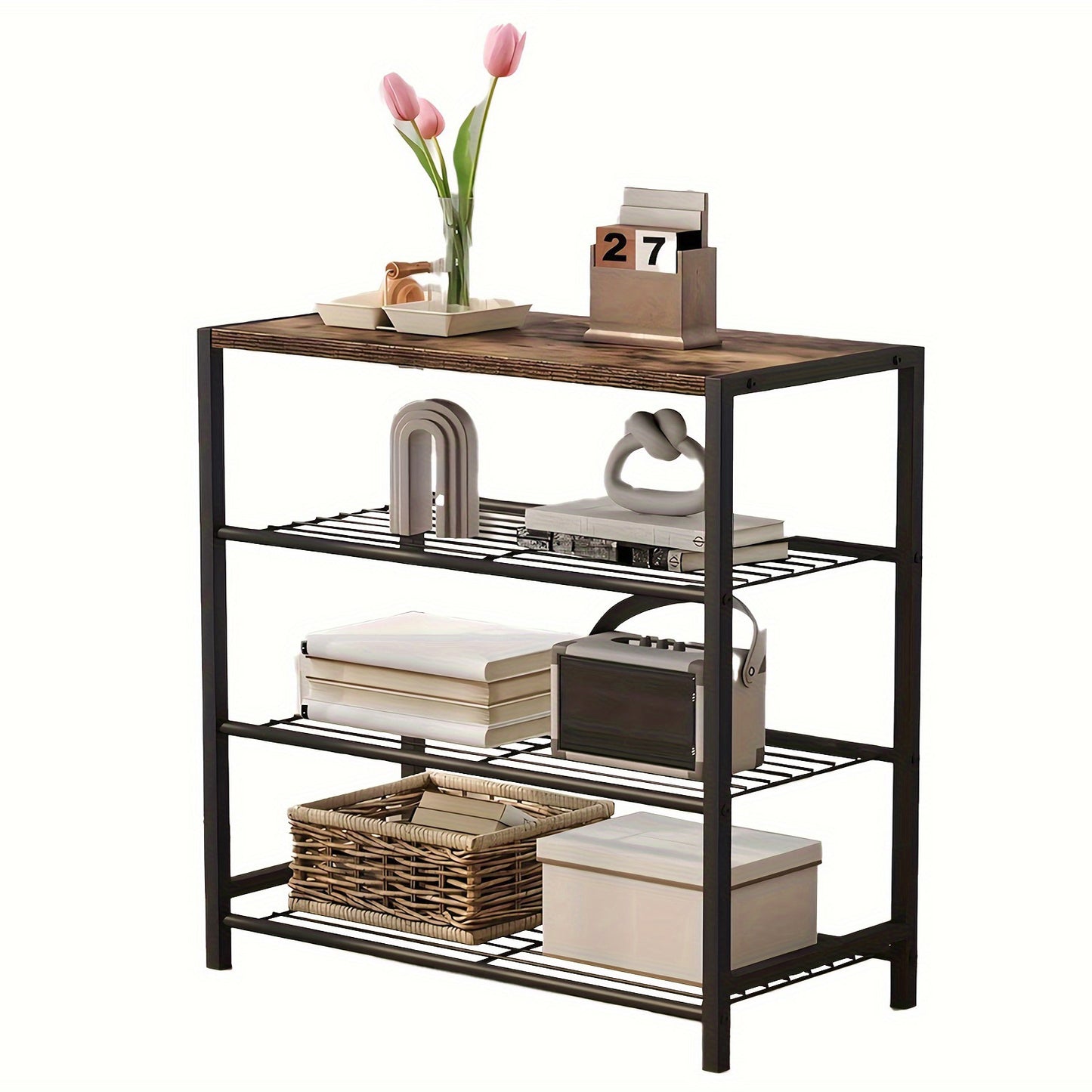 Vita 4-Tier Rustic Wood & Metal Shoe Rack Storage Shelf Organiser