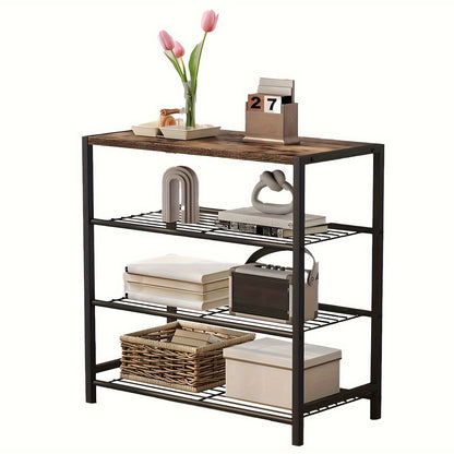 Vita 4-Tier Rustic Wood & Metal Shoe Rack Storage Shelf Organiser
