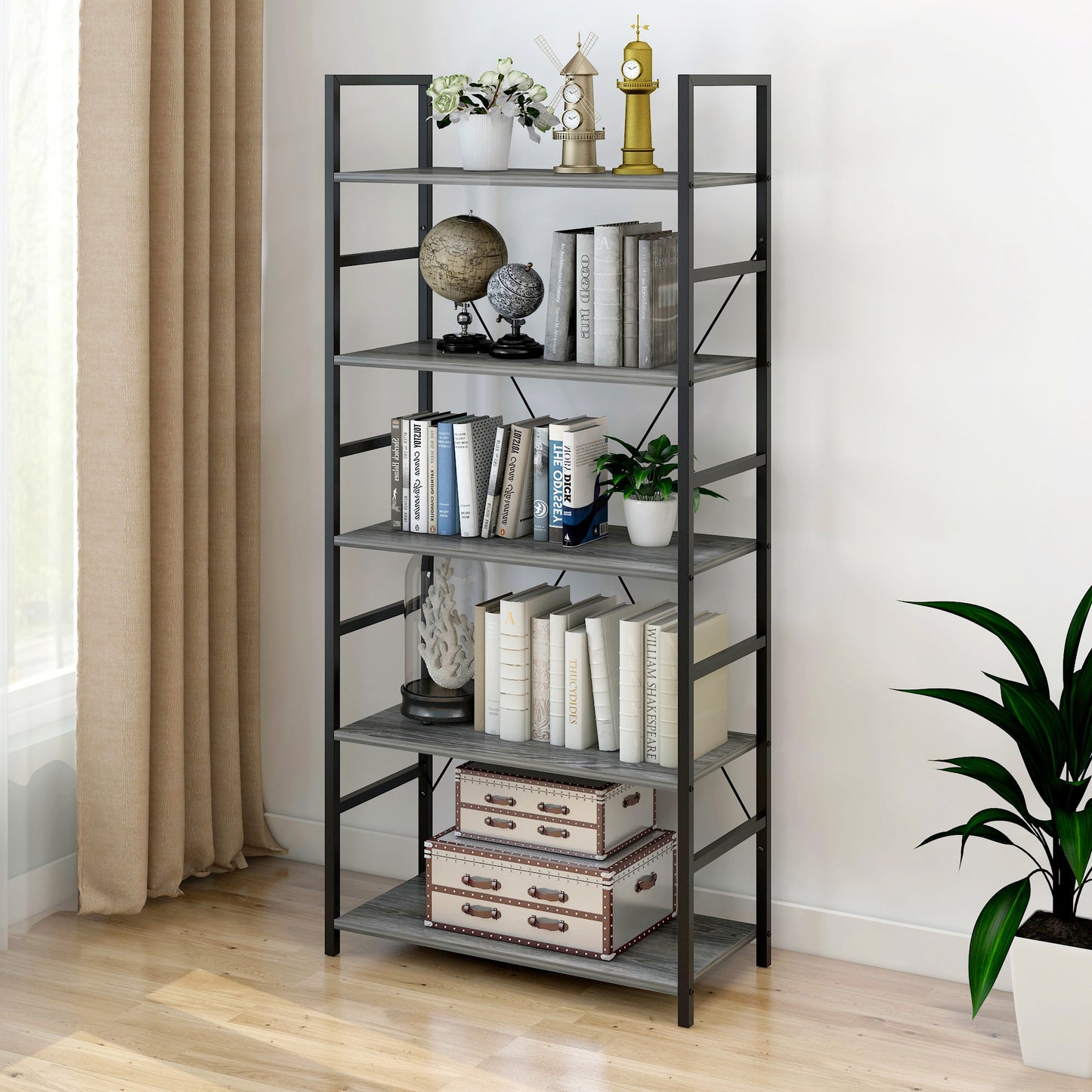 5 Tier Multifunction Heavy Duty Bookcase Wood & Steel Storage Shelf Organizer (Driftwood Grey)