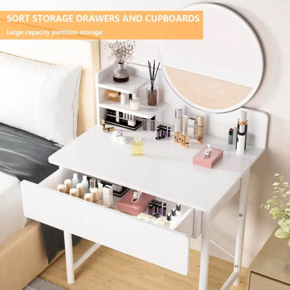 Luxe Dresser Makeup Vanity Dressing Table with Round Mirror Drawer White