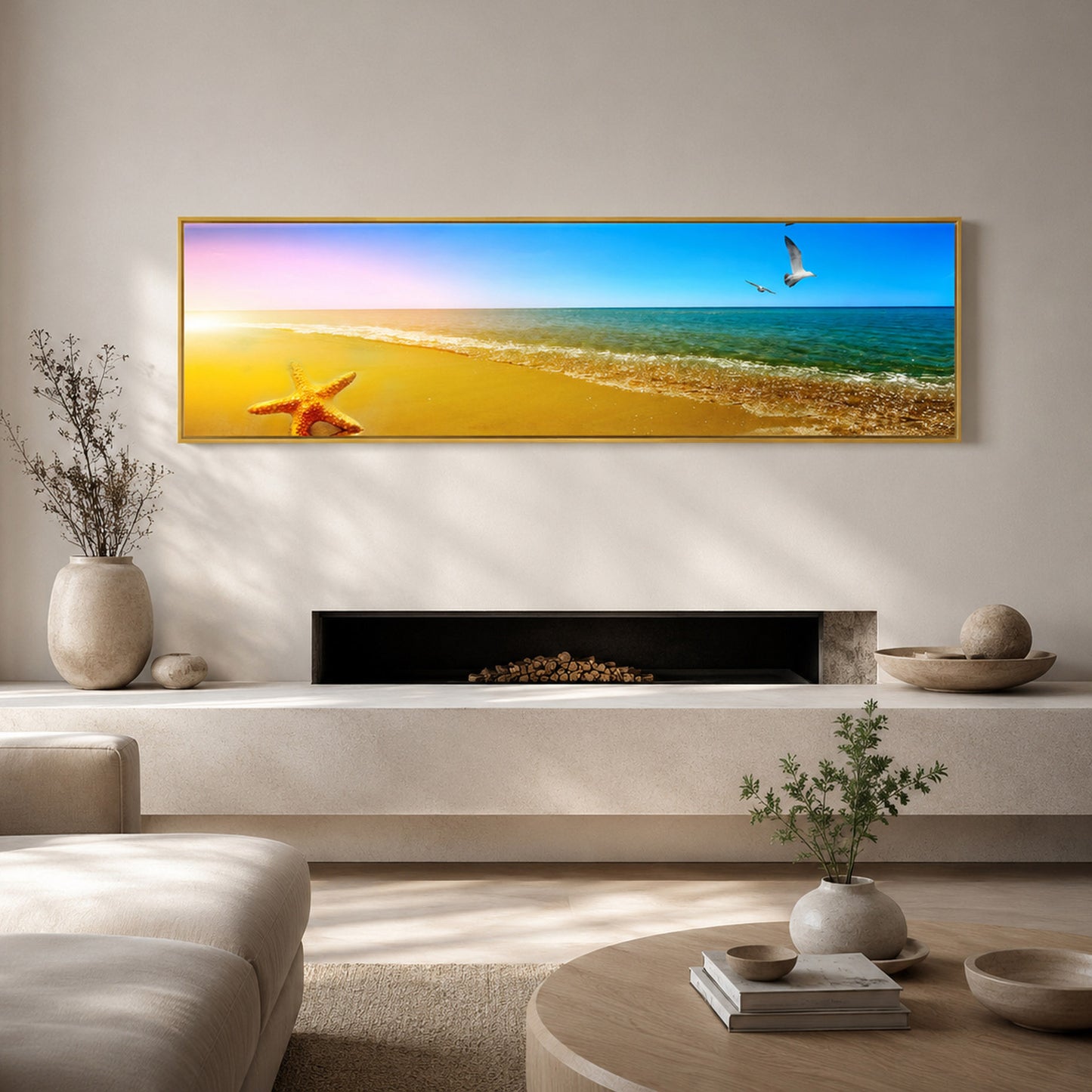 Beach Sunset Long Canvas Wall Art Coastal Painting - 100cm x 30cm