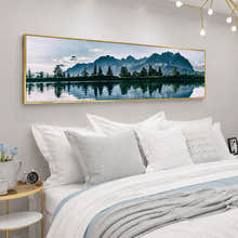 Mountain Lake Landscape Painting Long Canvas Framed Wall Art - 100cm x 30cm