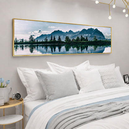 Mountain Lake Landscape Painting Long Canvas Framed Wall Art - 100cm x 30cm