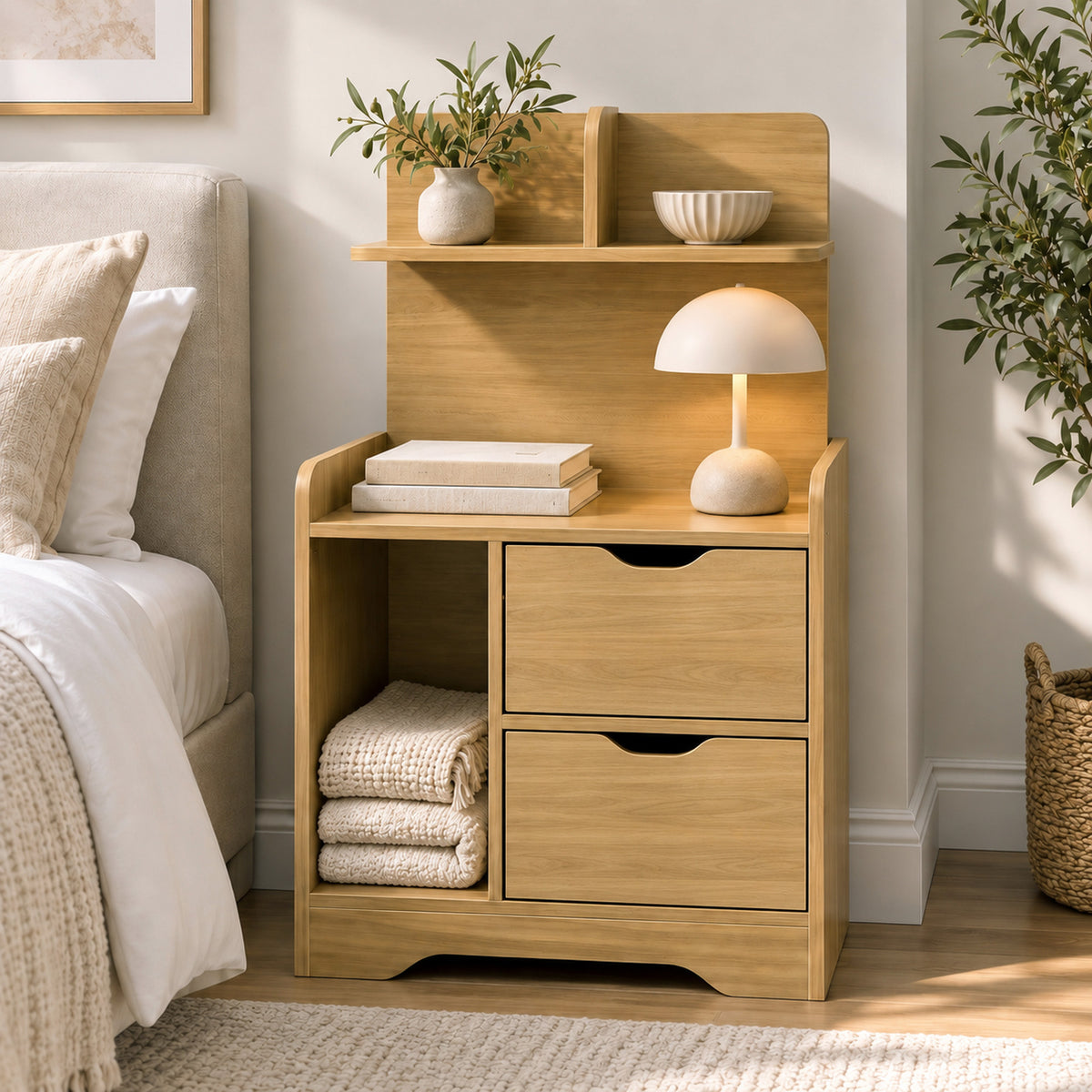 Harmony Tall Bed Side Table with Chest of Drawers and Shelf (Oak)