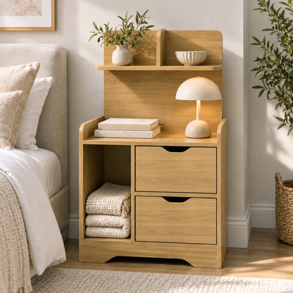 Harmony Tall Bed Side Table with Chest of Drawers and Shelf (Oak)