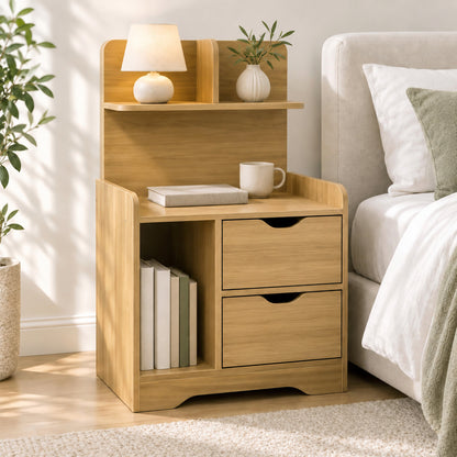 Harmony Tall Bed Side Table with Chest of Drawers and Shelf (Oak)
