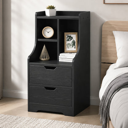 Twilight 2-Drawer Tall Bedside Table with Chest of Drawers and Shelves (Black)