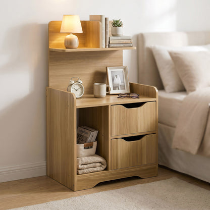 Wooden nightstand with shelves and drawers in a bedroom setting