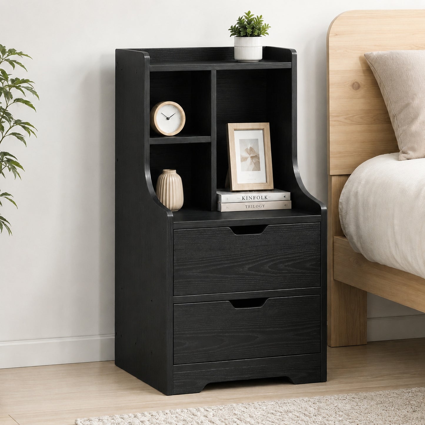 Twilight 2-Drawer Tall Bedside Table with Chest of Drawers and Shelves (Black)