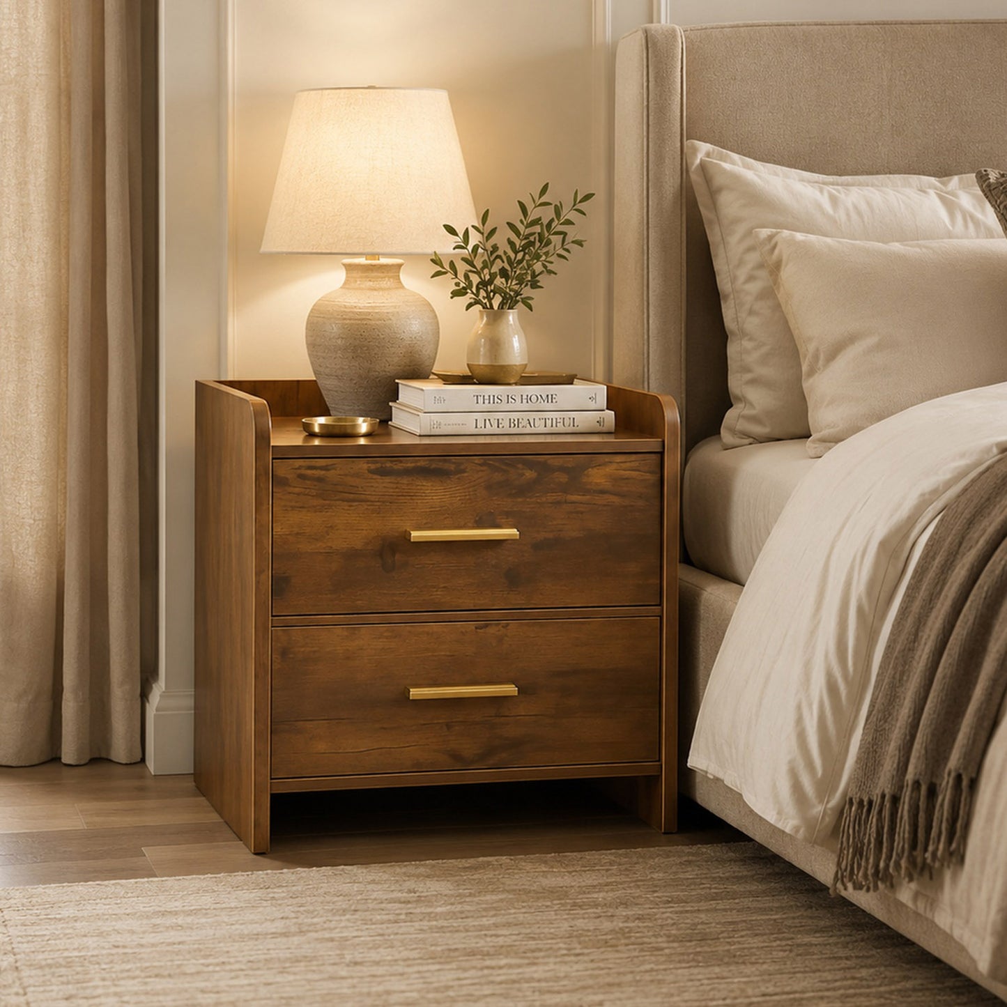 Serene 2-Drawer Bedside Table Nightstand (Rustic Wood)