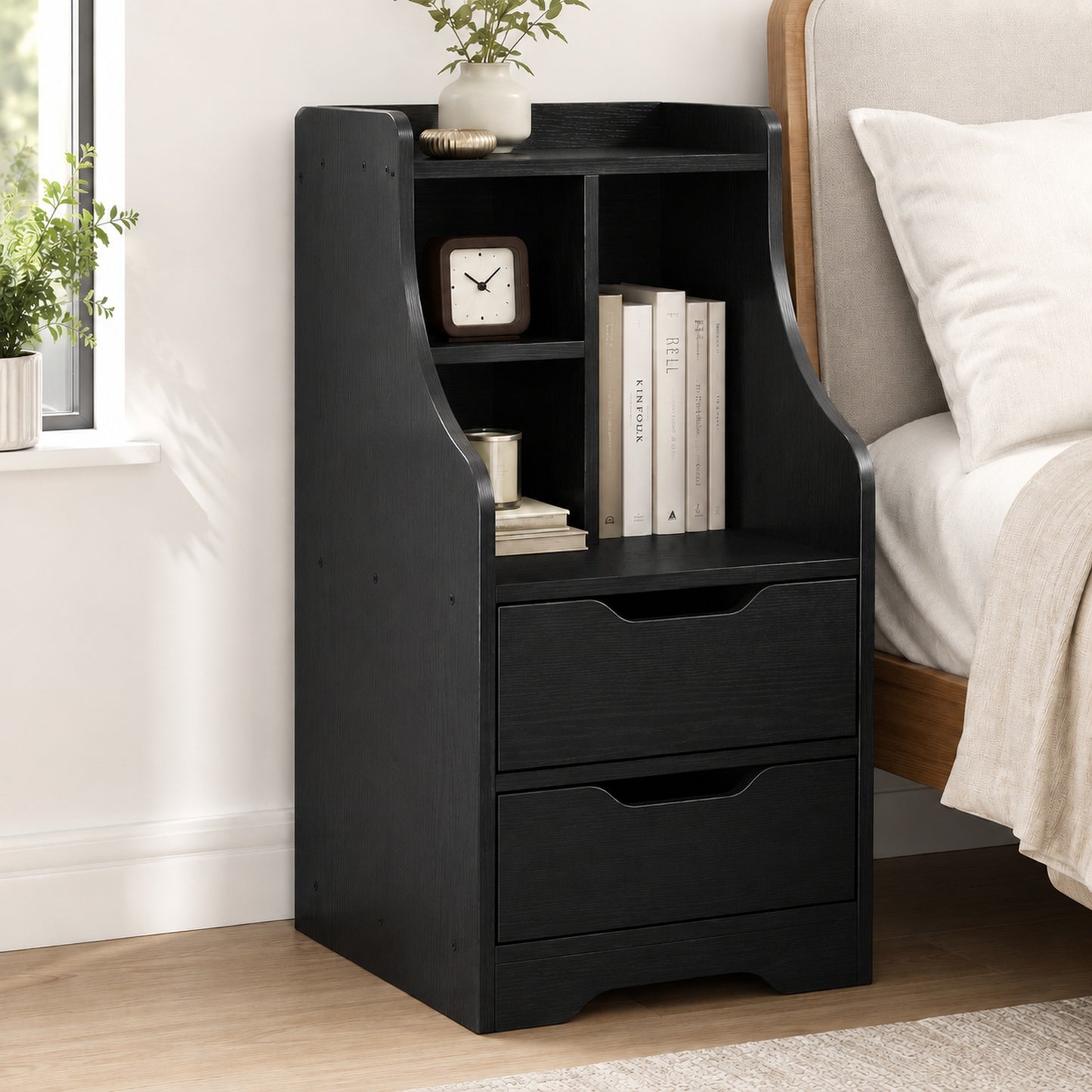 Twilight 2-Drawer Tall Bedside Table with Chest of Drawers and Shelves (Black)