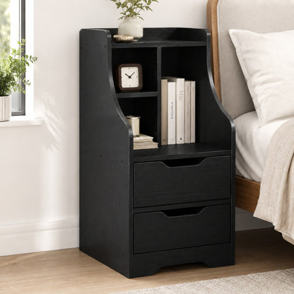 Twilight 2-Drawer Tall Bedside Table with Chest of Drawers and Shelves (Black)