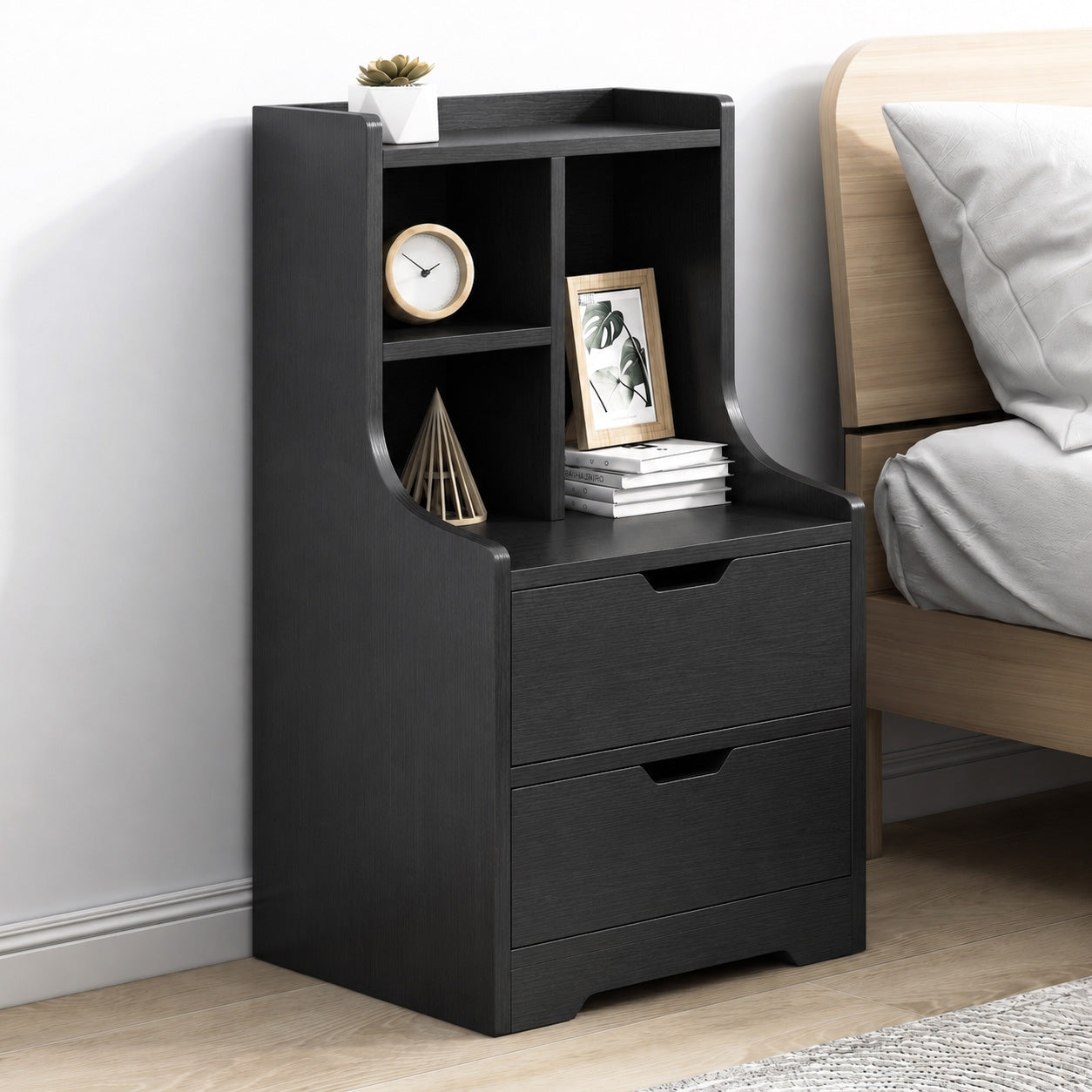 Twilight 2-Drawer Tall Bedside Table with Chest of Drawers and Shelves (Black)