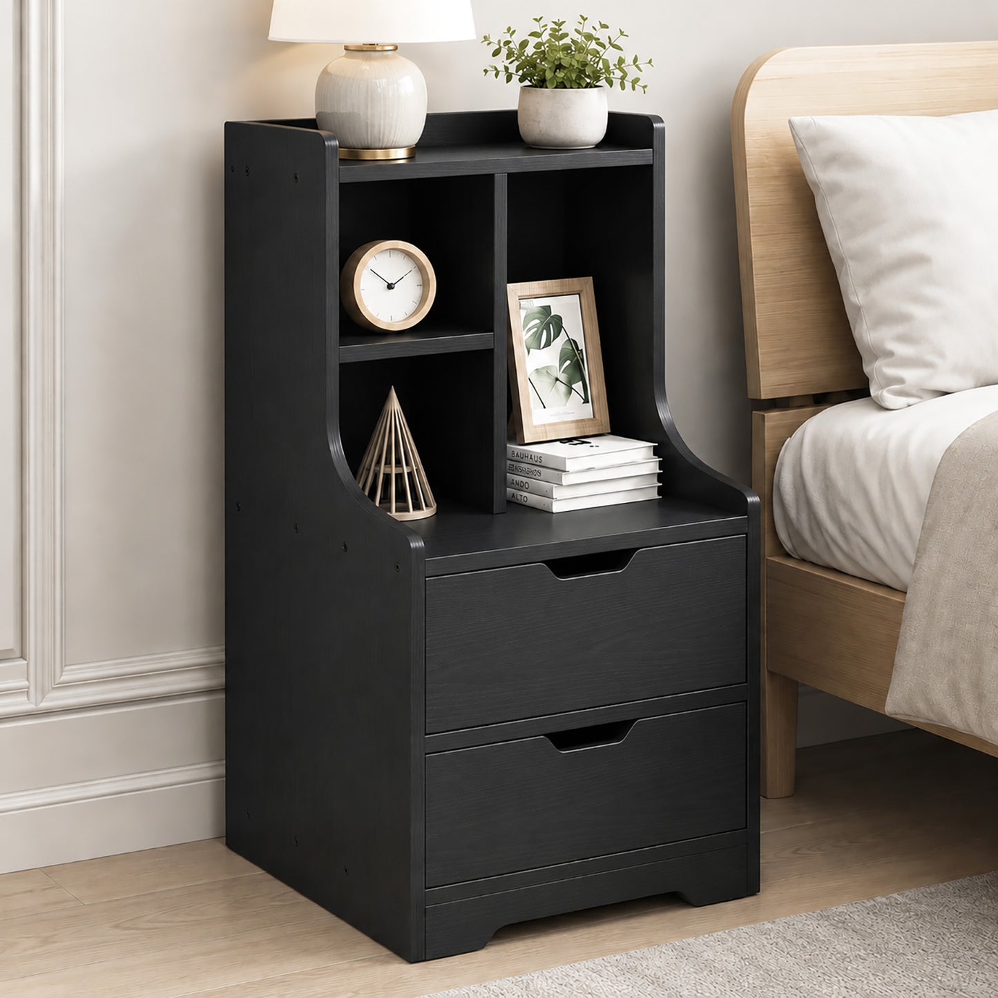 Twilight 2-Drawer Tall Bedside Table with Chest of Drawers and Shelves (Black)