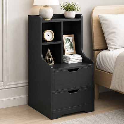 Twilight 2-Drawer Tall Bedside Table with Chest of Drawers and Shelves (Black)