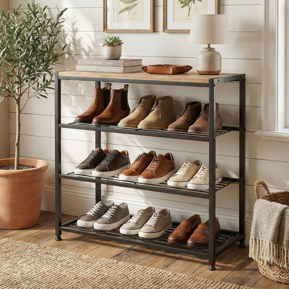 Vita 4-Tier Wood & Metal Shoe Rack Storage Shelf Organiser (Rustic Oak