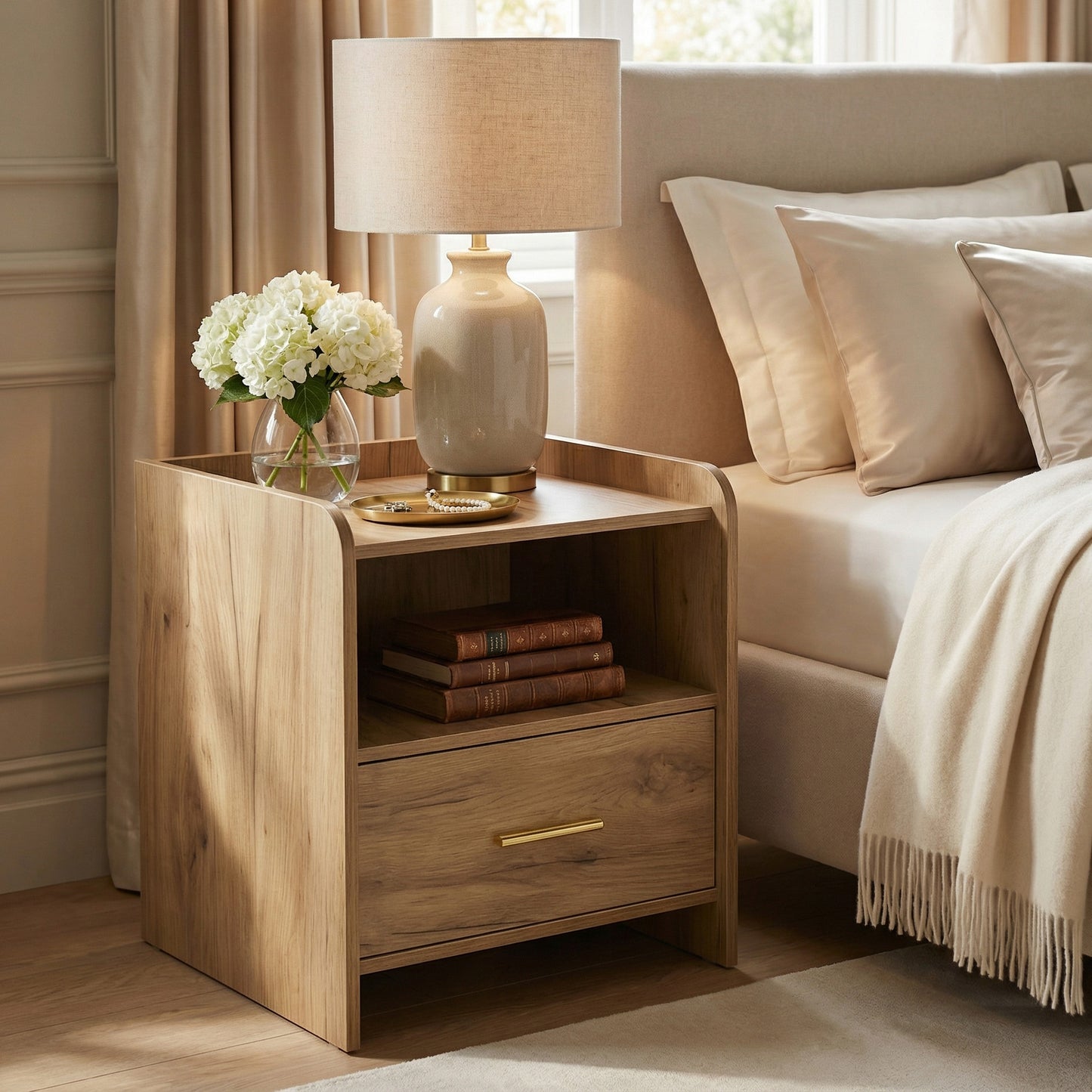 Serene Bedside Table Nightstand with Drawer (Oak)