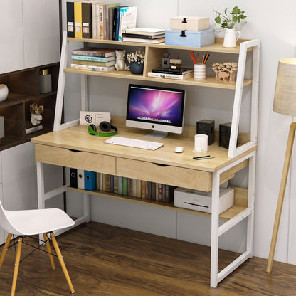 Enterprise Large Computer Desk Workstation with Shelves & Drawers (Natural Oak)