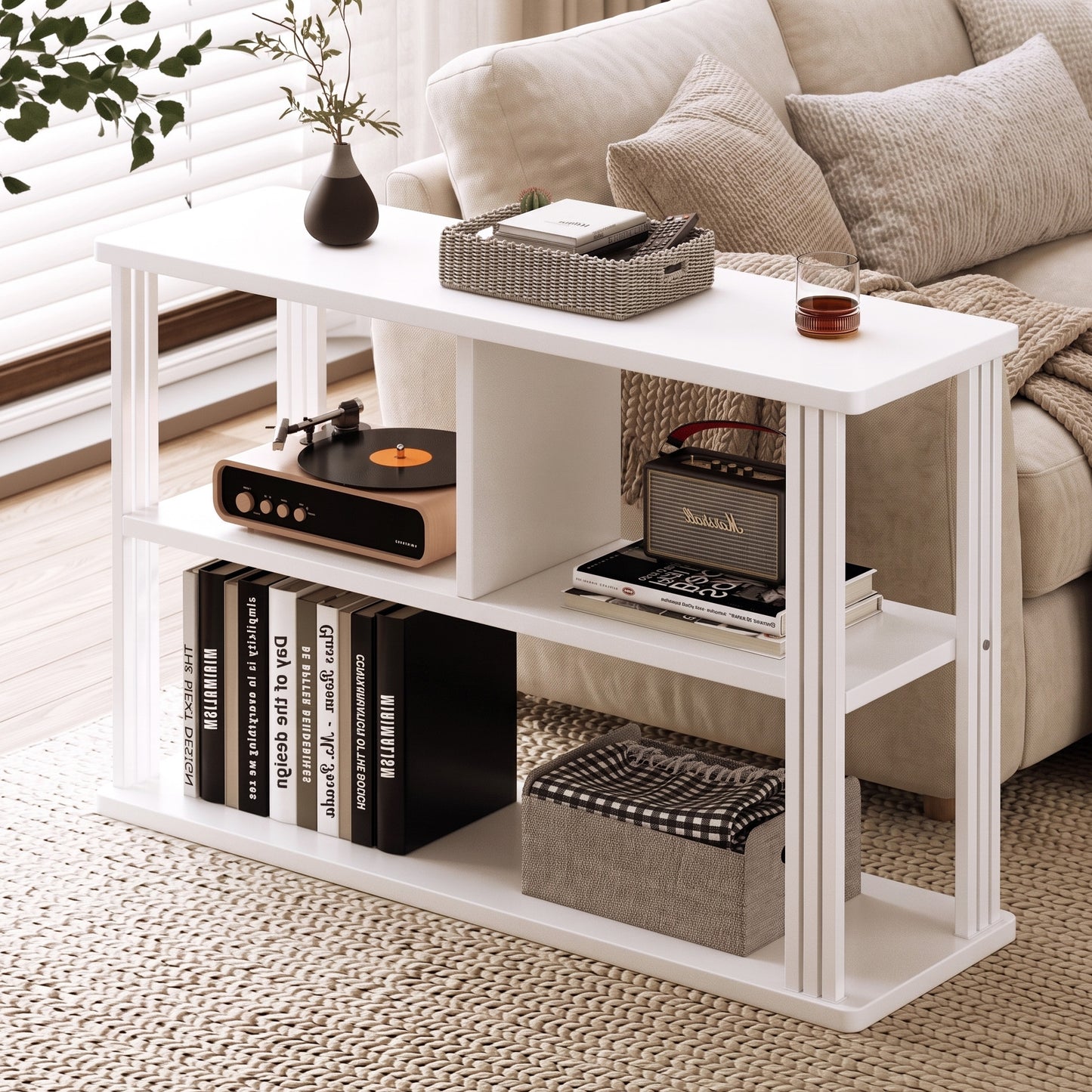 Icon Wood and Steel Sofa Side Table with Shelves (White)