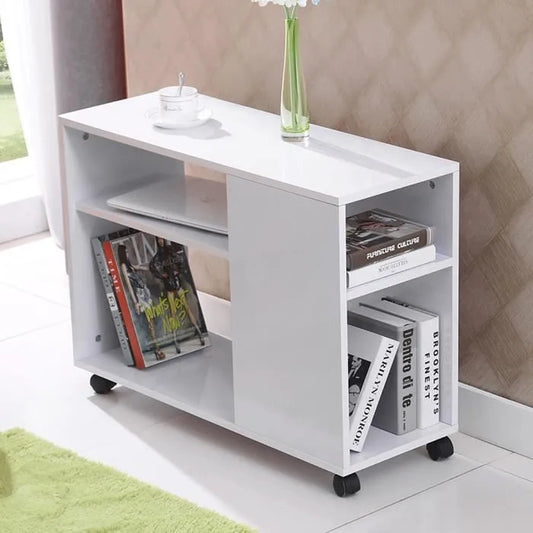 Versatile Sofa Side Table & Magazine Shelf with Casters (White)