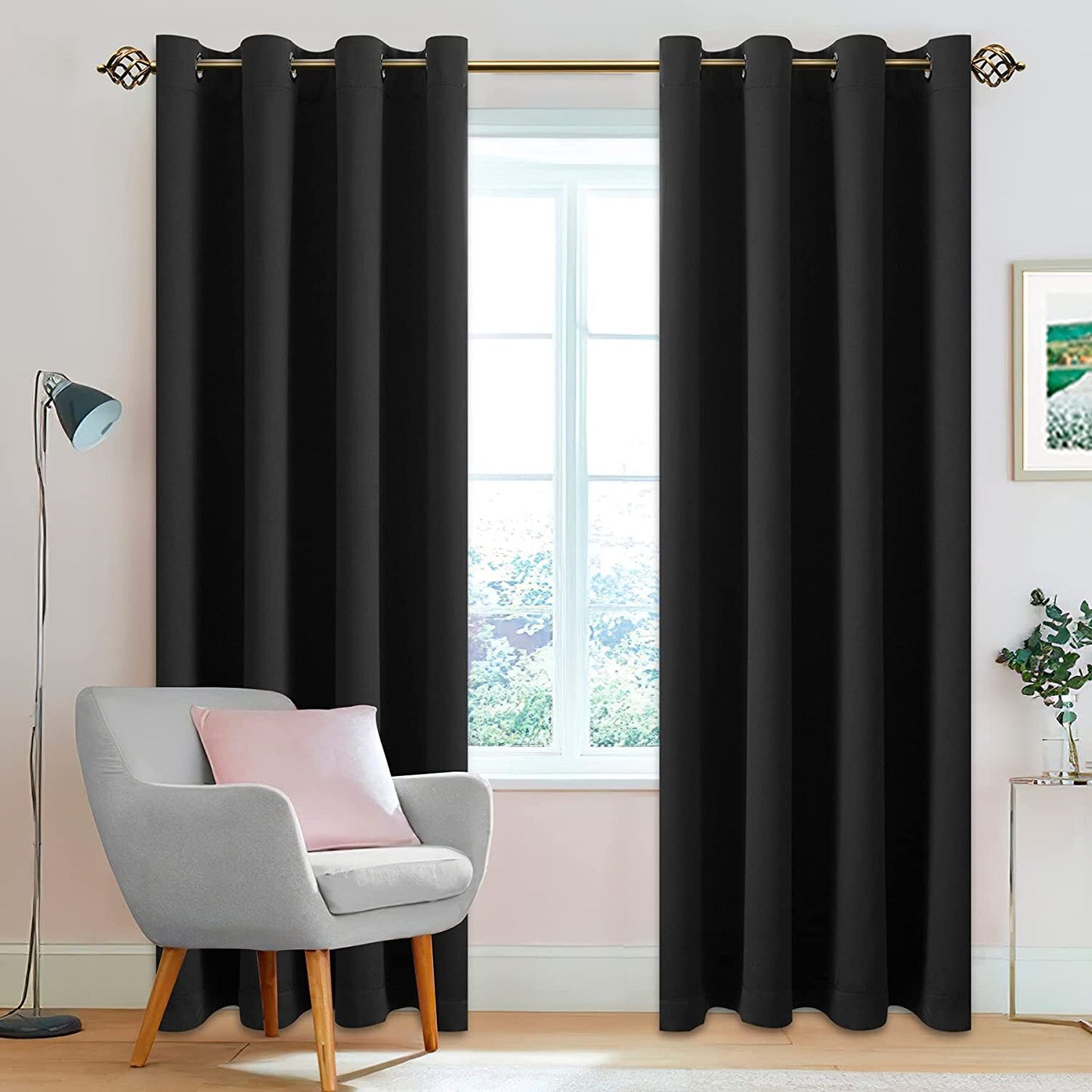 2 X Blackout 3 Layers Eyelet Curtain Drapes- Black