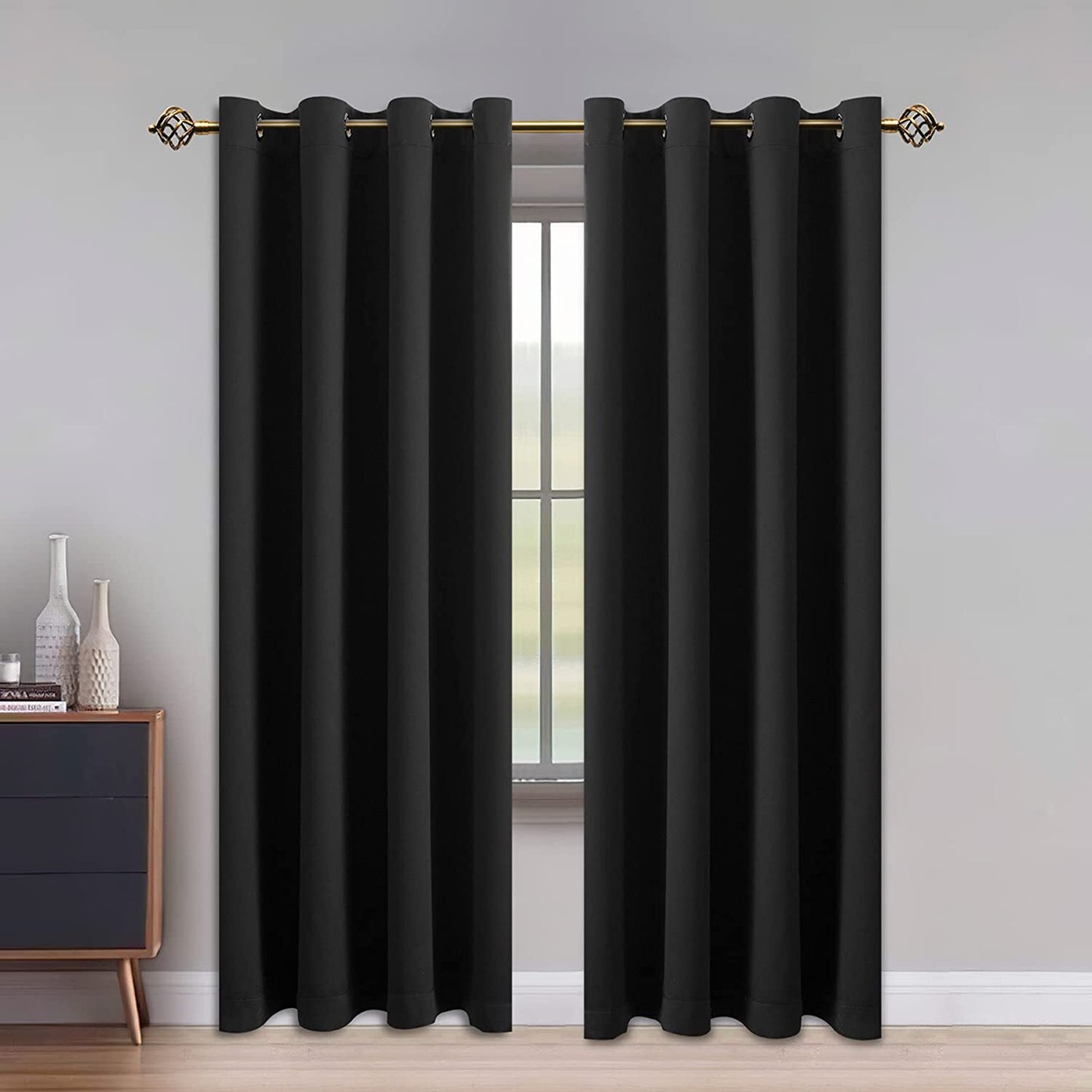 2 X Blackout 3 Layers Eyelet Curtain Drapes- Black