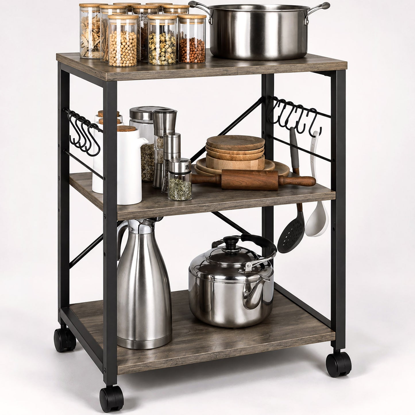 Atlas Wood & Steel Multipurpose Utility Cart Storage Shelf Kitchen Trolley (Driftwood)