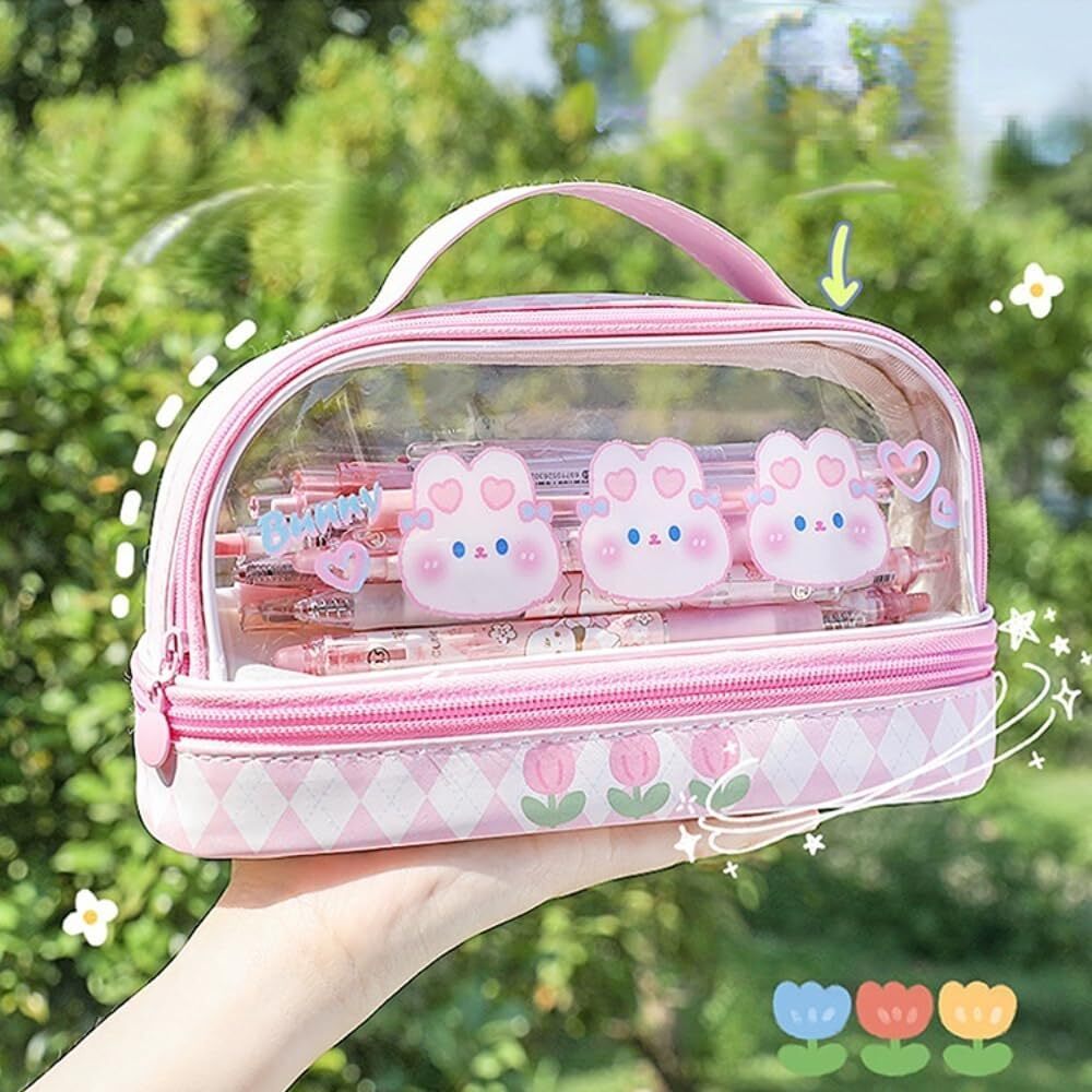 Cute Bunny Design Transparent Multi Compartment Pencil Case