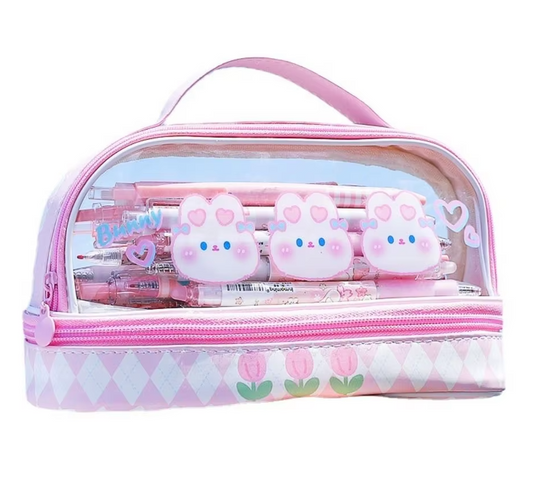 Cute Bunny Design Transparent Multi Compartment Pencil Case