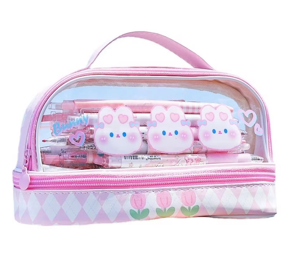 Cute Bunny Design Transparent Multi Compartment Pencil Case