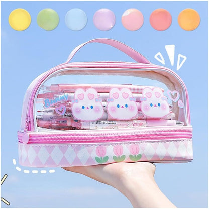 Cute Bunny Design Transparent Multi Compartment Pencil Case