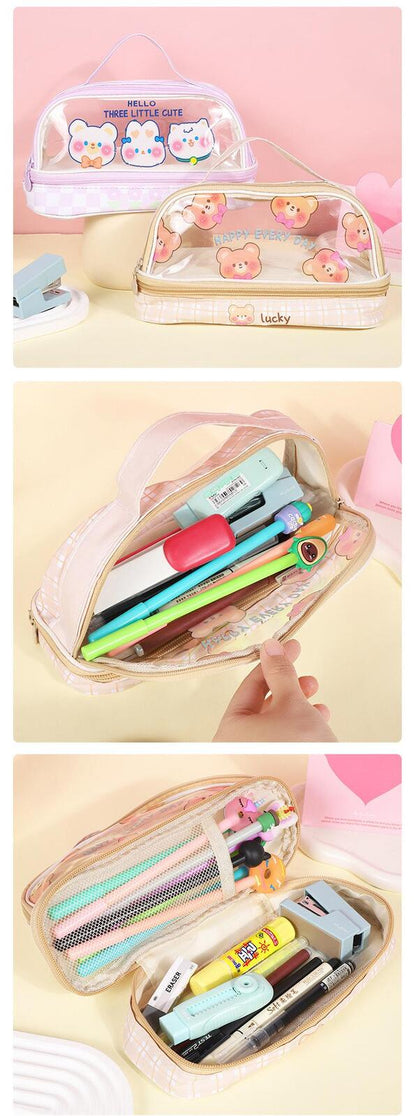 Cute Bunny Design Transparent Multi Compartment Pencil Case