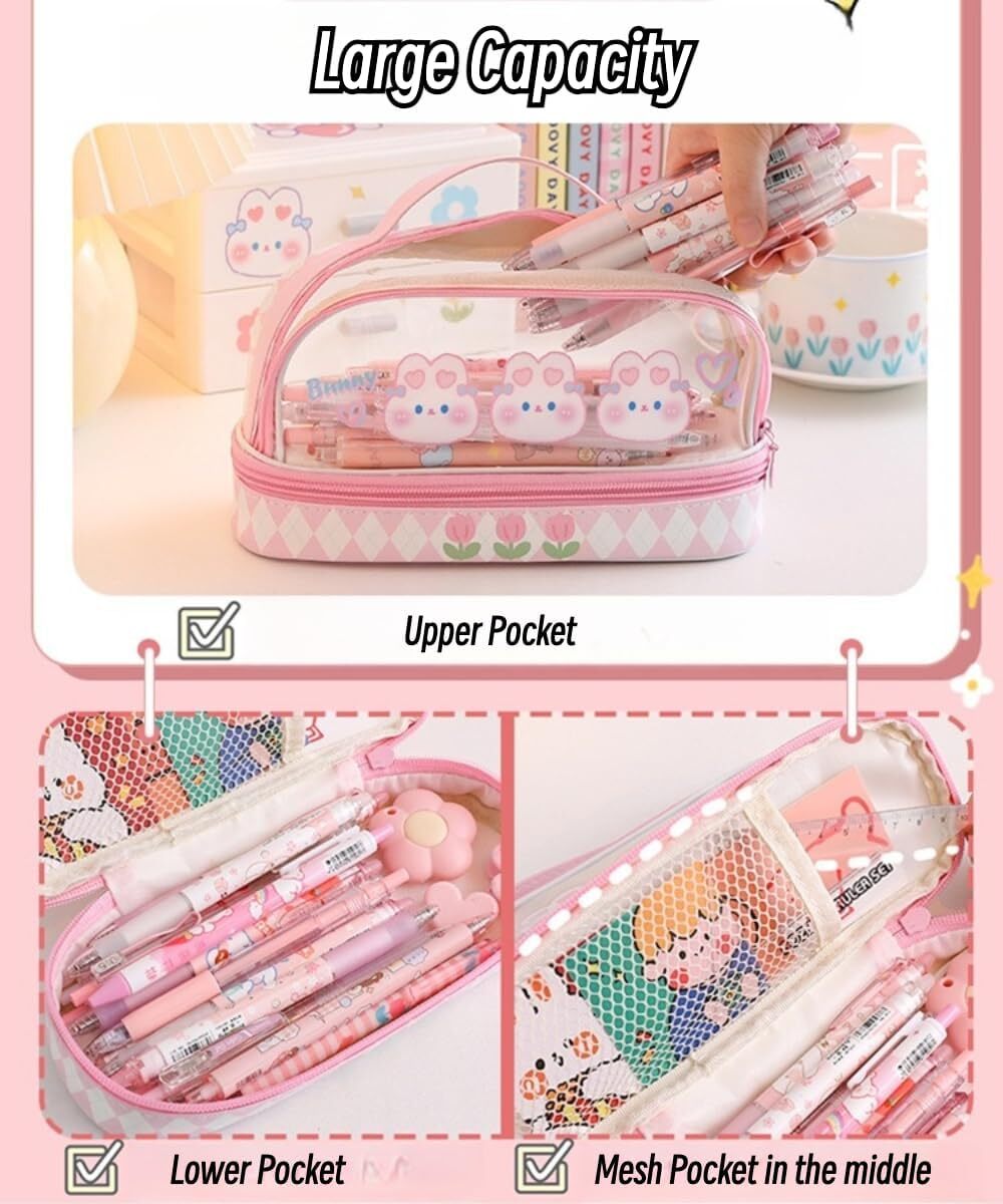 Cute Bunny Design Transparent Multi Compartment Pencil Case