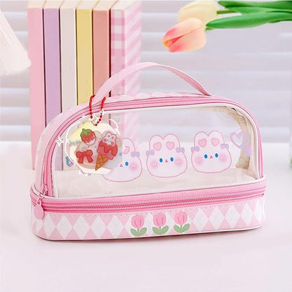 Cute Bunny Design Transparent Multi Compartment Pencil Case