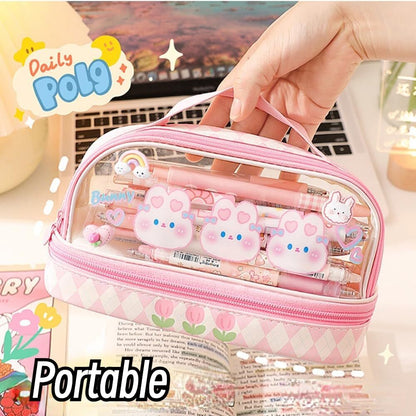 Cute Bunny Design Transparent Multi Compartment Pencil Case