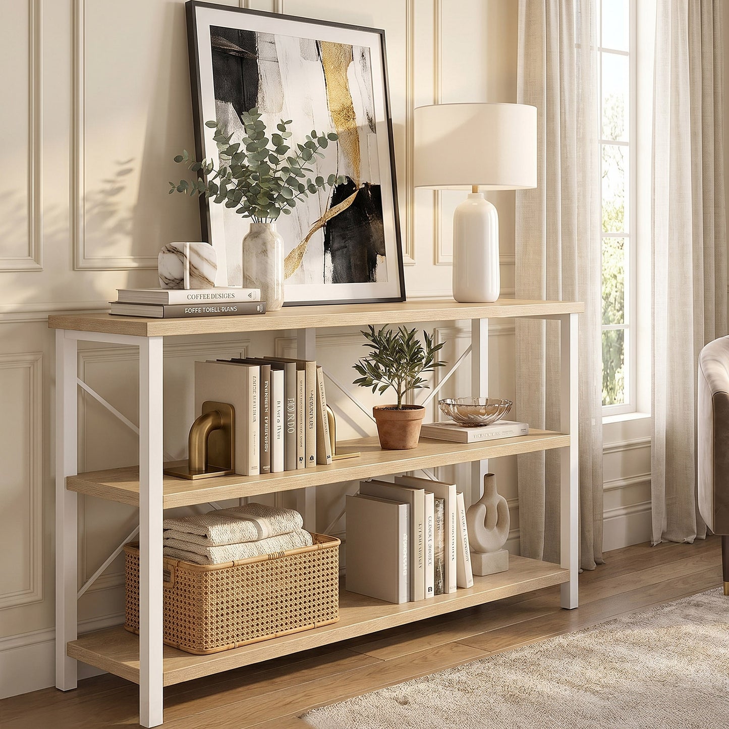Serenity Industrial Console Table Bookcase TV Stand Storage Shelf Unit (Coastal Oak)