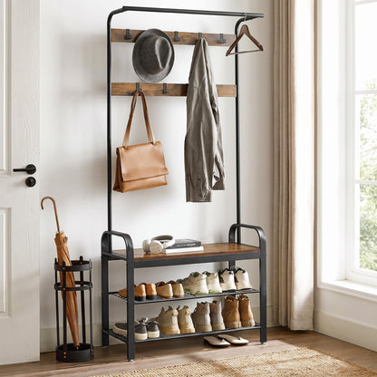 4-in-1 Tall Rustic Wood Coat Clothes Hanger Rack with Shoe Bench
