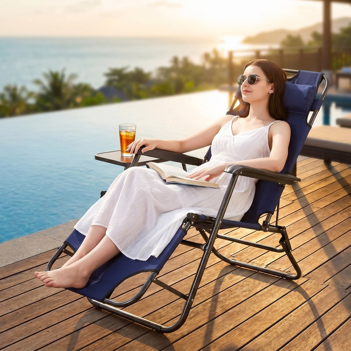 Reclining Outdoor Sun Bed Beach Deck Chair with Padded Head Rest