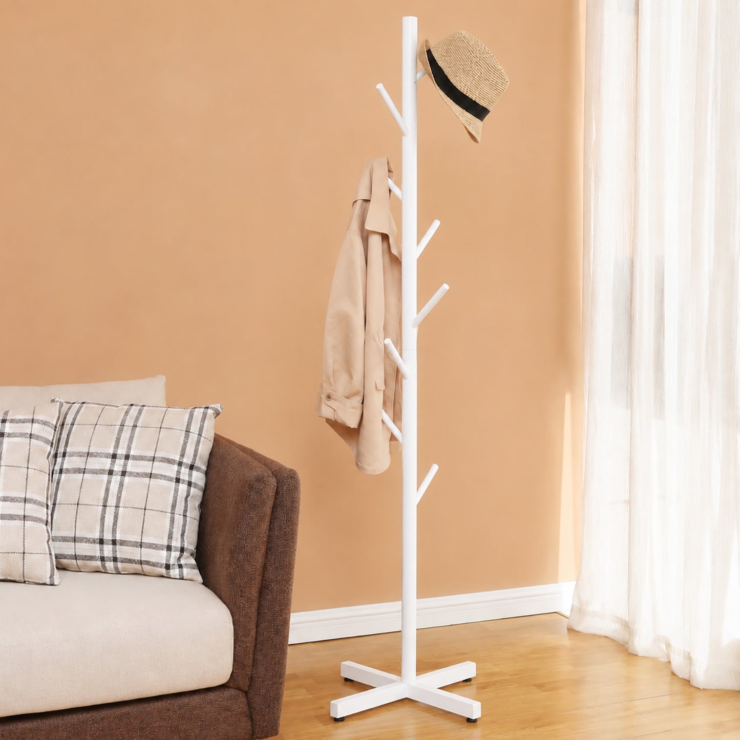 Freestanding Metal Coat Hat Hanging Stand Clothes Hanger Rack Tree Organiser (White)