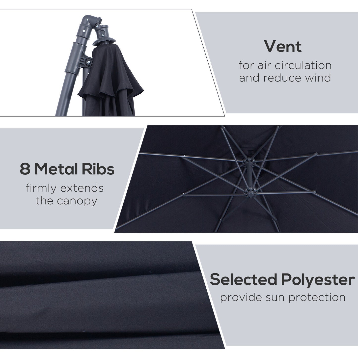 3m Patio Umbrella Replacement Cover 10ft 8 Ribs Large Outdoor Canopy (Black)