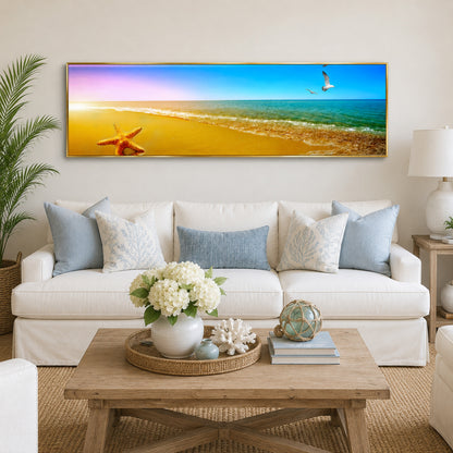 Beach Sunset Long Canvas Wall Art Coastal Painting - 100cm x 30cm