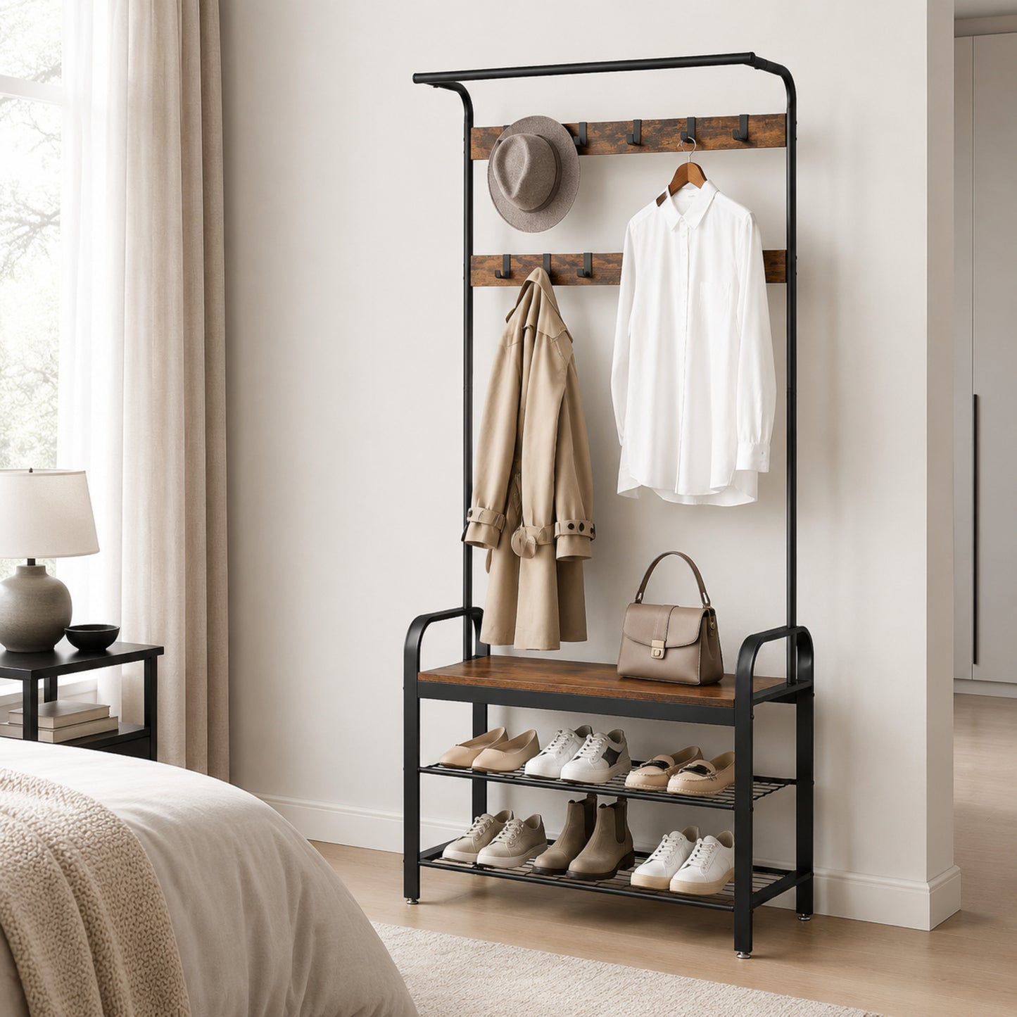 4-in-1 Tall Rustic Wood Coat Clothes Hanger Rack with Shoe Bench