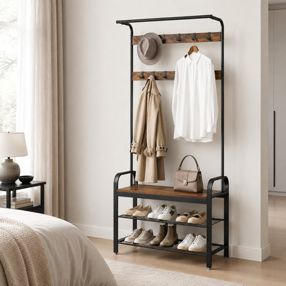 4-in-1 Tall Rustic Wood Coat Clothes Hanger Rack with Shoe Bench